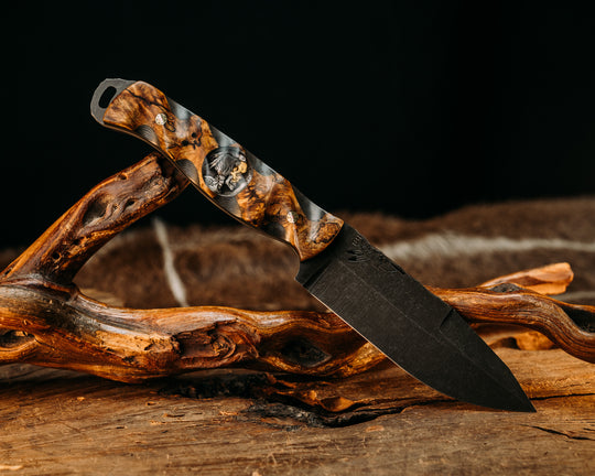 Hog Hunt - Spalted Katalox Over Gold Camo Carbon, ATX Engraving Coin Inlay, Mosaic Pins, Textured Grip.