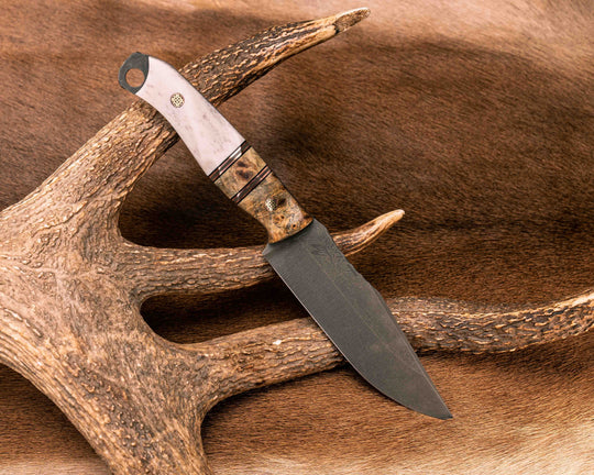 Crow Scout- Buckeye Burl, Black G10, Copper and OD Green G10 Pin Striping, Buckeye Burl Split, Elk Antler, Mosaic Pins, Textured Grip