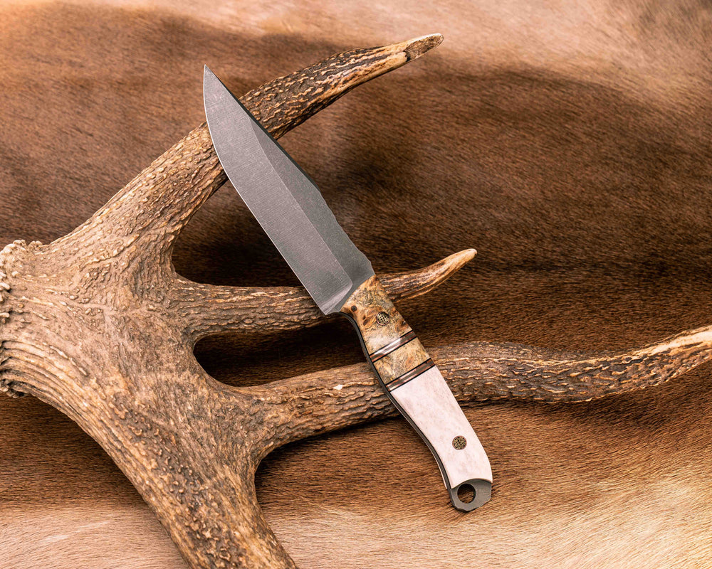 Crow Scout- Buckeye Burl, Black G10, Copper and OD Green G10 Pin Striping, Buckeye Burl Split, Elk Antler, Mosaic Pins, Textured Grip