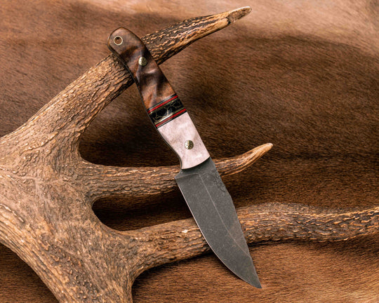 Crow Jr- Elk Antler, Black G10, Brass and Fire Canvas Micarta Pin Striping, Black with Gold Web Tru-stone Split, Hawaiian Curry Koa, Mosaic Pins, Brass Lanyard Pin, Textured Grip