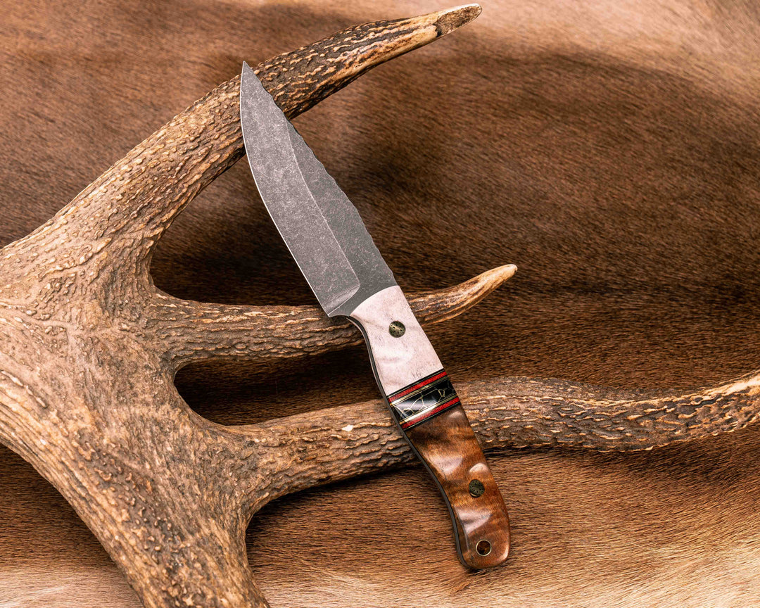 Crow Jr- Elk Antler, Black G10, Brass and Fire Canvas Micarta Pin Striping, Black with Gold Web Tru-stone Split, Hawaiian Curry Koa, Mosaic Pins, Brass Lanyard Pin, Textured Grip