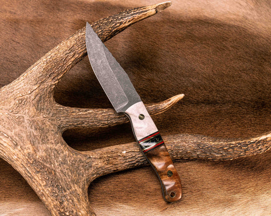 Crow Jr- Elk Antler, Black G10, Brass and Fire Canvas Micarta Pin Striping, Black with Gold Web Tru-stone Split, Hawaiian Curry Koa, Mosaic Pins, Brass Lanyard Pin, Textured Grip