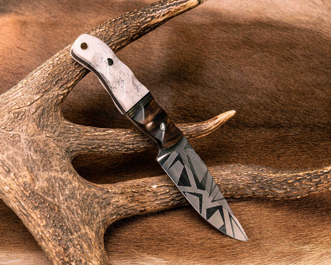 Crow Jr- Hawaiian Curly Koa, Black G10, Brass and Coyote G10 Split, Elk Antler, Mosaic Pins, Brass Lanyard Pin, Textured Grip