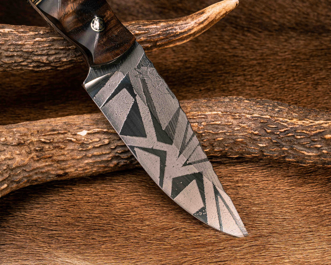 Crow Jr- Hawaiian Curly Koa, Black G10, Brass and Coyote G10 Split, Elk Antler, Mosaic Pins, Brass Lanyard Pin, Textured Grip