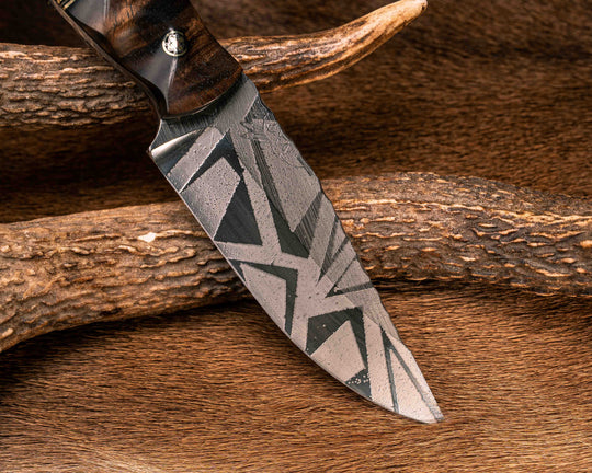 Crow Jr- Hawaiian Curly Koa, Black G10, Brass and Coyote G10 Split, Elk Antler, Mosaic Pins, Brass Lanyard Pin, Textured Grip