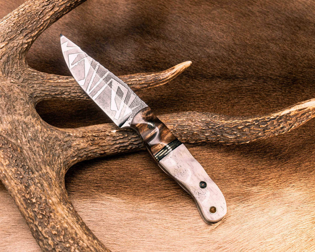 Crow Jr- Hawaiian Curly Koa, Black G10, Brass and Coyote G10 Split, Elk Antler, Mosaic Pins, Brass Lanyard Pin, Textured Grip