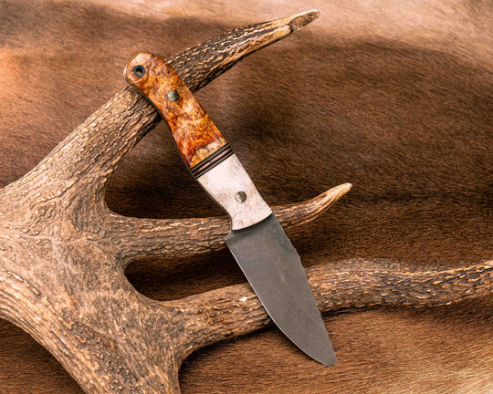 Crow Jr- Elk antler, Black G10, Earth G10 and Copper Split, Lion's Blood Amboyna Split, Mosaic Pins, CF Lanyard Pin, Textured Grip