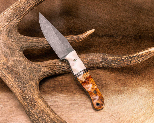 Crow Jr- Elk antler, Black G10, Earth G10 and Copper Split, Lion's Blood Amboyna Split, Mosaic Pins, CF Lanyard Pin, Textured Grip