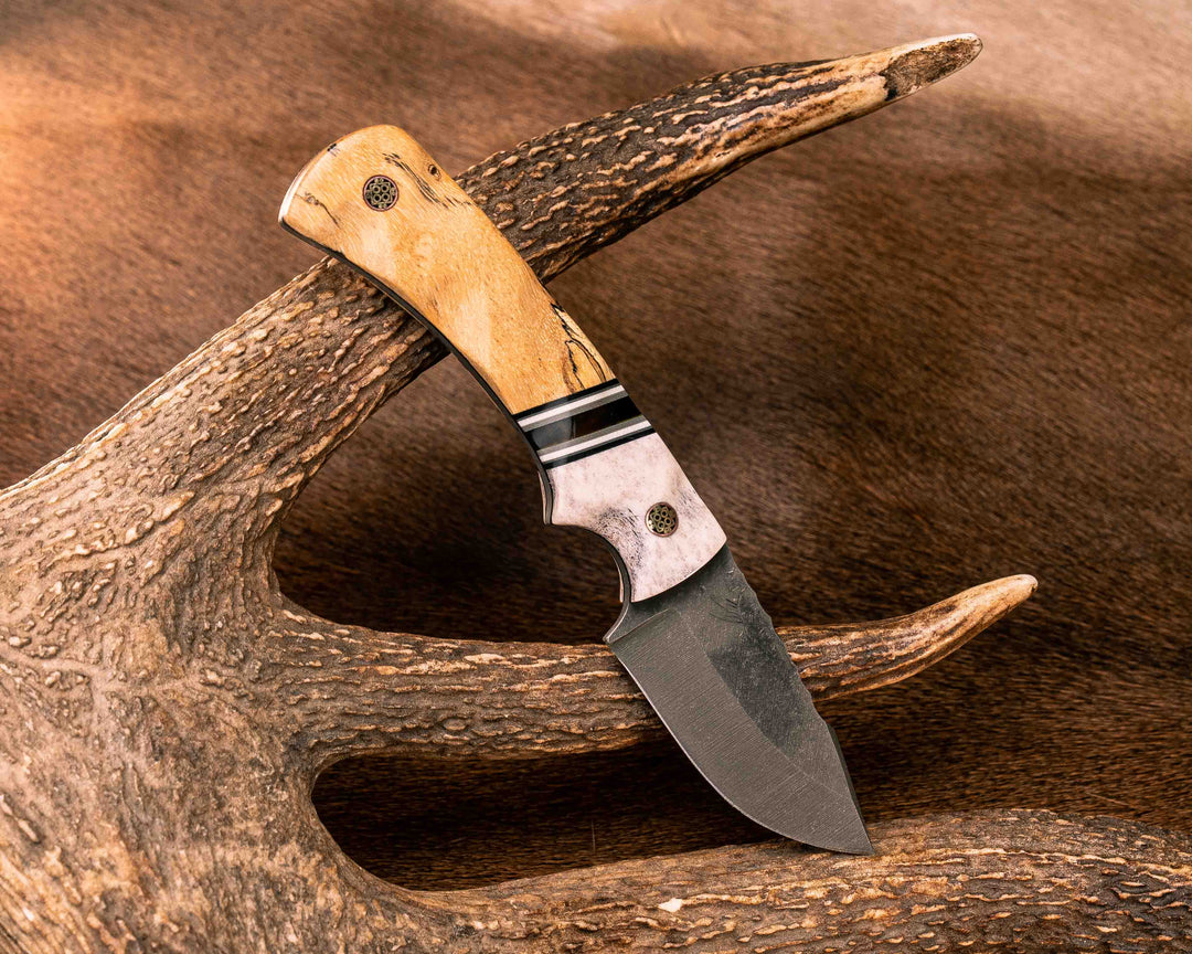 Beef Harpoon- Elk Antler, Black G10, Charcoal G10 and White G10 Pin Striping, Synthetic Tortoise Shell Split, Spallted Maple, Mosaic Pins, Textured Grip