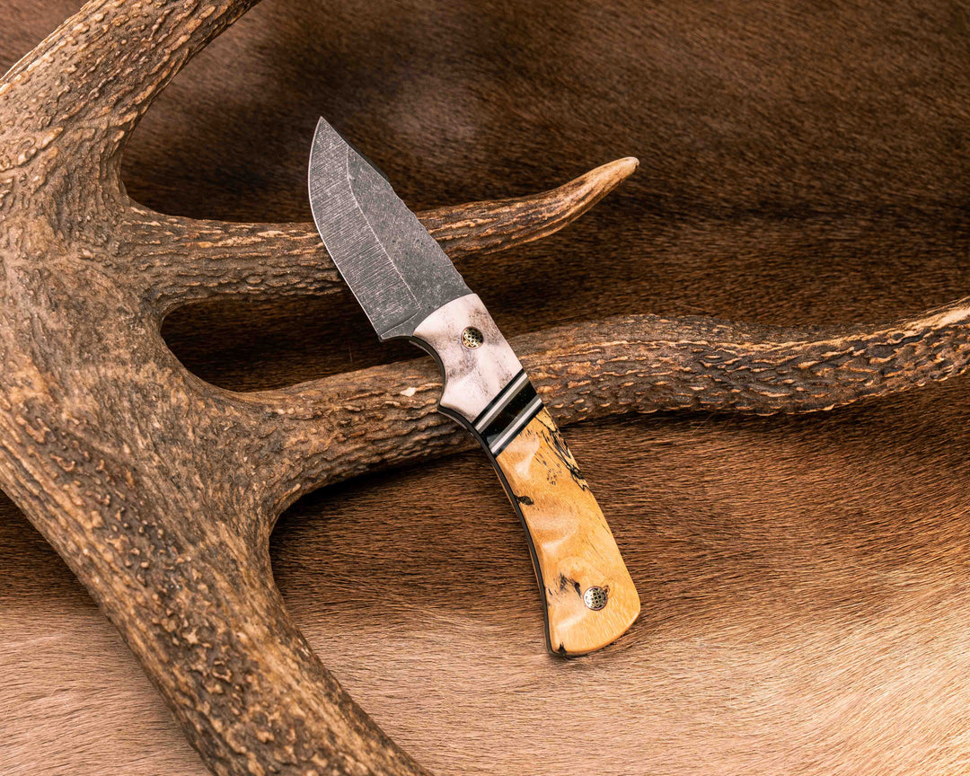 Beef Harpoon- Elk Antler, Black G10, Charcoal G10 and White G10 Pin Striping, Synthetic Tortoise Shell Split, Spallted Maple, Mosaic Pins, Textured Grip