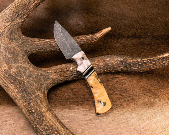 Beef Harpoon- Elk Antler, Black G10, Charcoal G10 and White G10 Pin Striping, Synthetic Tortoise Shell Split, Spallted Maple, Mosaic Pins, Textured Grip