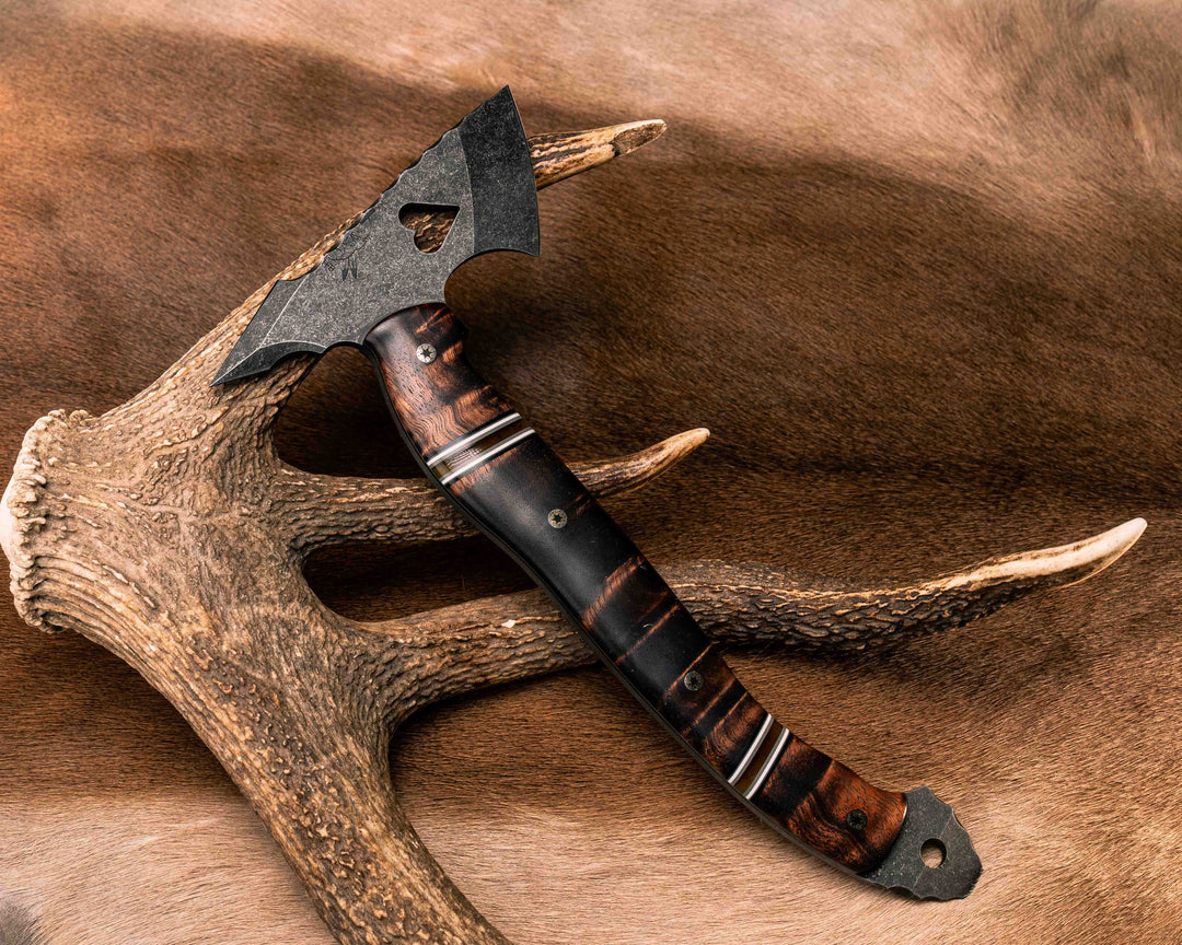 Bleeding Heart Hawk- Hawaiian Curly Koa, Black G10, White G10, Grey G10 and Synthetic Tortoise Shell Split, Mosaic Pins, Smooth Grip