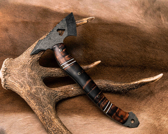 Bleeding Heart Hawk- Hawaiian Curly Koa, Black G10, White G10, Grey G10 and Synthetic Tortoise Shell Split, Mosaic Pins, Smooth Grip