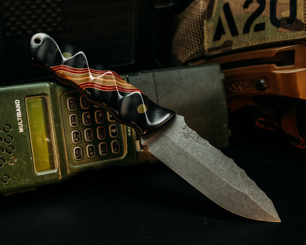 Disaster Jr- Black G10, Coyote G10 Pin Striping, Red  Canvas Micarta, OD Green Canvas Micarta and Coyote G10 Split, OD Green G10 Pins, OD Green G10 Lanyard Pin, Textured Grip