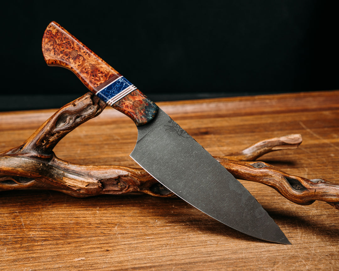 Chef Jr - Dyed Black Ash, Black & Ivory G10 w/ Brass Pin Striping, Sodalite TruStone & Natural Canvas Micarta Splits. Natural Canvas Micarta Pins, Smooth Grip.