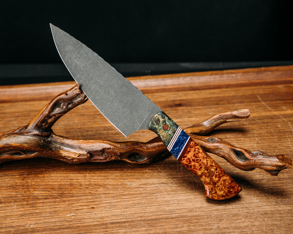 Chef Jr - Dyed Black Ash, Black & Ivory G10 w/ Brass Pin Striping, Sodalite TruStone & Natural Canvas Micarta Splits. Natural Canvas Micarta Pins, Smooth Grip.