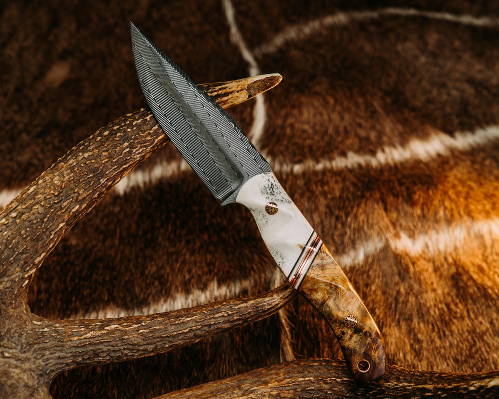 Crow Jr - Vegas Forge Diamond Back Damascus - CO Elk, Black, White & Coyote G10 w/ Copper Split, Afzelia Wood, Mosaic Pins, Copper Lanyrd Pin Textured Grip.