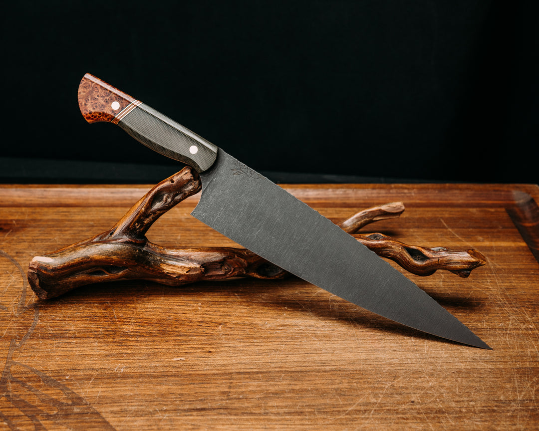 10" Chef Blade - OD Green Canvas Micarta, Black G10 & Brass Pin Striping, Natural Canvas Micarta Splits, Dyed Black Ash, Brass Pins, Smooth grip