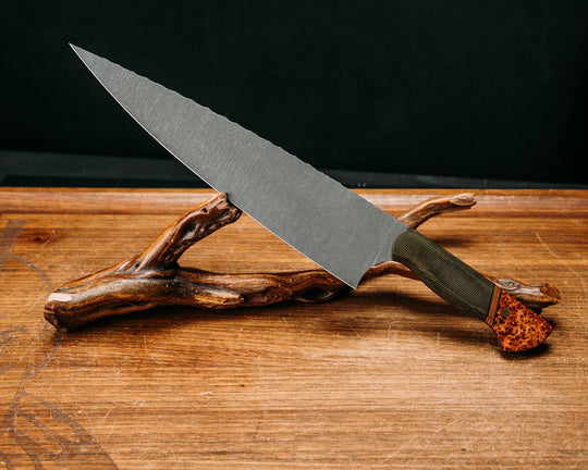 10" Chef Blade - OD Green Canvas Micarta, Black G10 & Brass Pin Striping, Natural Canvas Micarta Splits, Dyed Black Ash, Brass Pins, Smooth grip