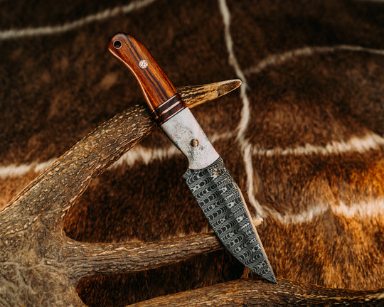 Crow Jr - Vegas Forge Spirograph Damascus - CO Elk, Black G10 &  Copper Pin Striping, Desert Ironwood Splits, Desert Ironwood, Mosaic Pins, Copper Lanyard Pin, Contoured Grip.