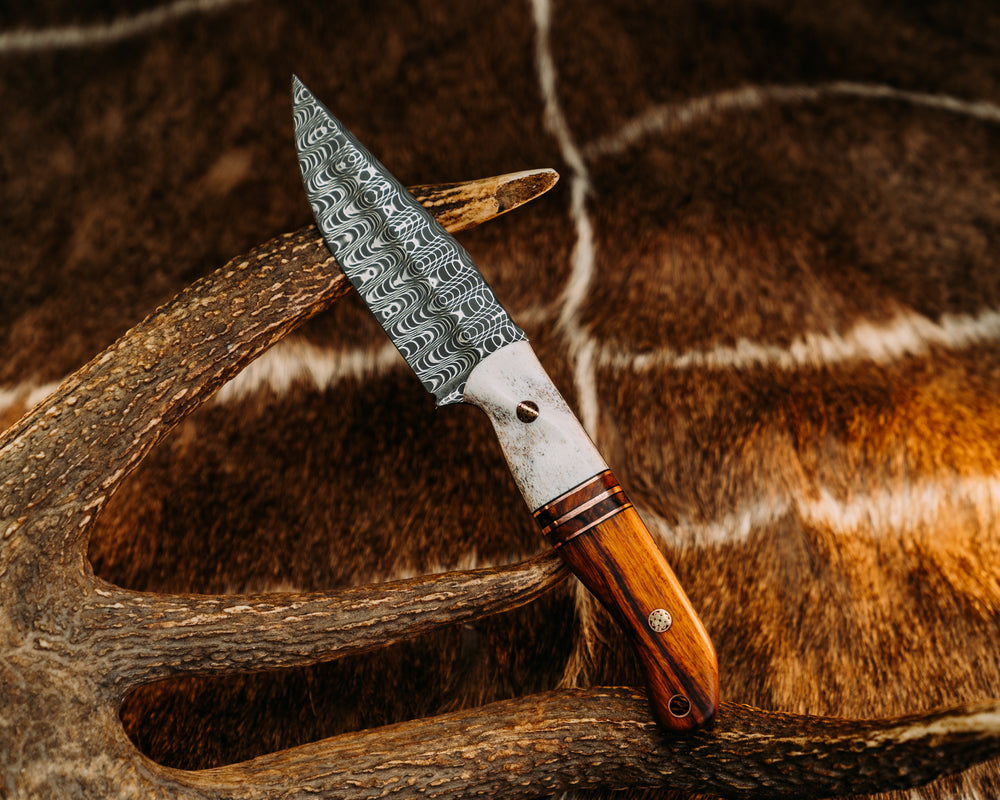 Crow Jr - Vegas Forge Spirograph Damascus - CO Elk, Black G10 &  Copper Pin Striping, Desert Ironwood Splits, Desert Ironwood, Mosaic Pins, Copper Lanyard Pin, Contoured Grip.