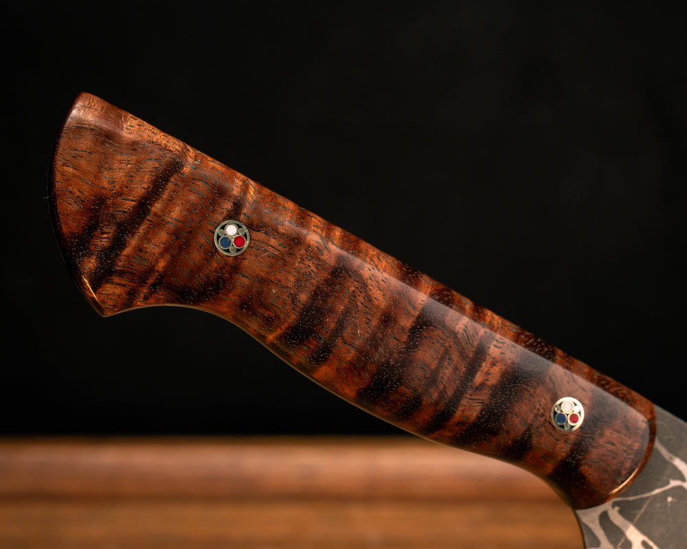 5 PieceChef Set- Hawaiian Curly Koa, Patriot Mosaic Pins, Black G10 and Brass Liner, Smooth Grip