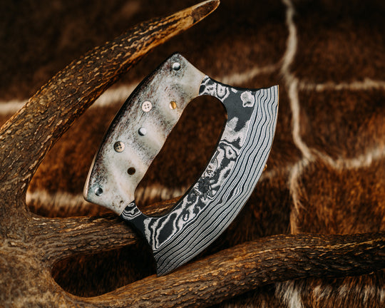Ulu mini- Random Pattern Damascus- CO Elk, Mosaic Pins, Brass Pins, Aluminum Pins, Grooved Grip