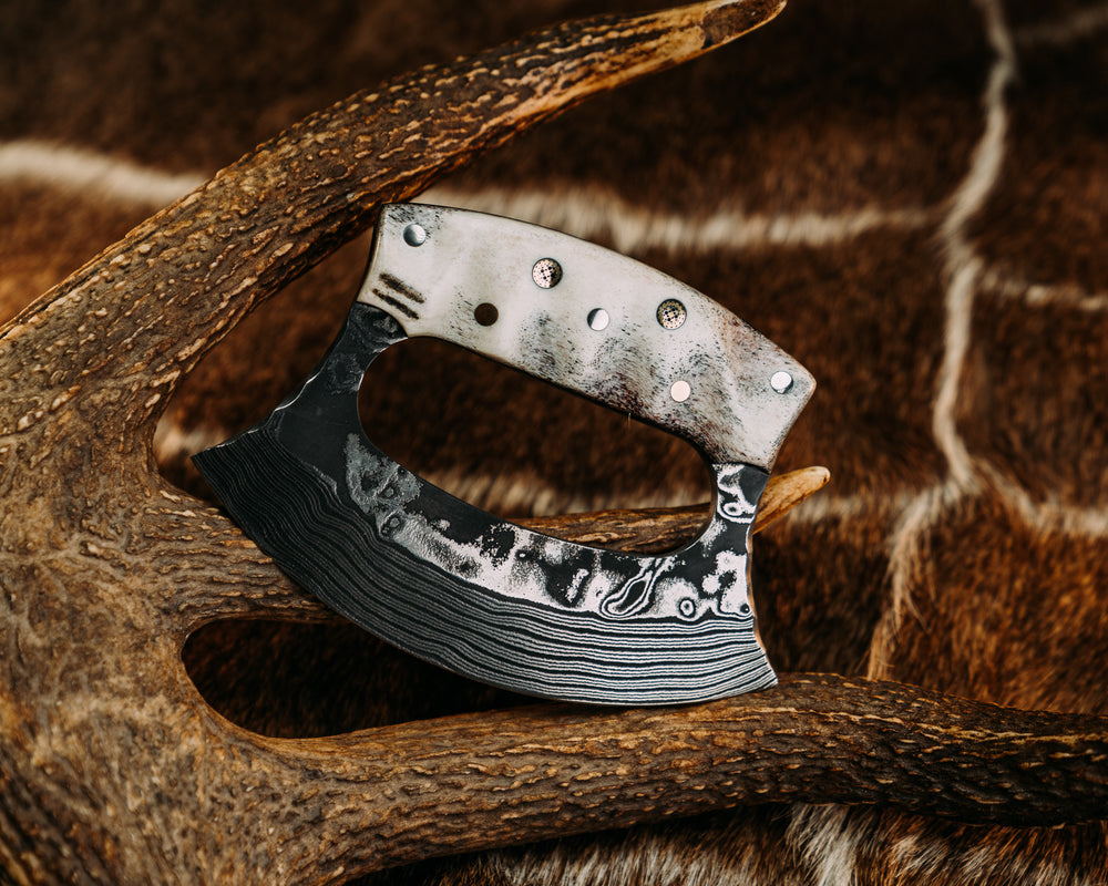 Ulu mini- Random Pattern Damascus- CO Elk, Mosaic Pins, Brass Pins, Aluminum Pins, Grooved Grip