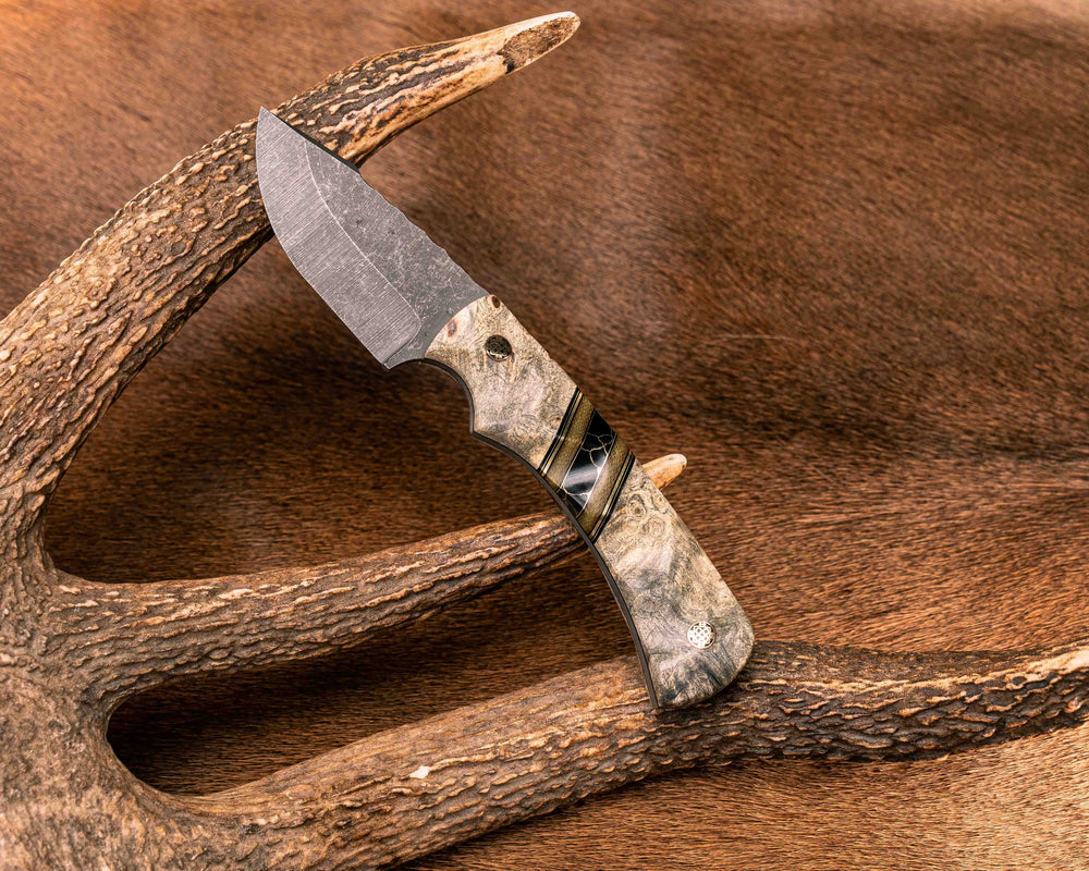 Beef Harpoon- Buckeye Burl, Black G10 and Brass Pin Striping, OD Green Canvas Micarta and Black with Gold Web Tru-stone Split, Mosaic Pins, Textured Grip