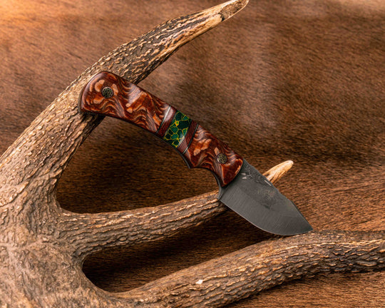 Beef Harpoon- Sycamore, Black G10 and Brass Pin Striping, Brown Canvas Micarta and Arizona Jade Tru-stone Split, Mosaic Pins, Textured Grip