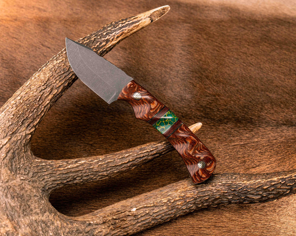 Beef Harpoon- Sycamore, Black G10 and Brass Pin Striping, Brown Canvas Micarta and Arizona Jade Tru-stone Split, Mosaic Pins, Textured Grip