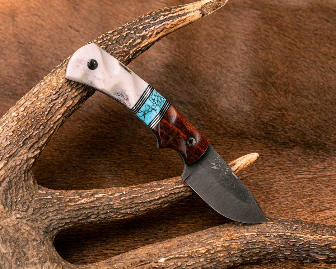 Beef Harpoon- Snakewood, Black G10 and Aluminum Pin Striping, Turquoise with Black Web Tru-stone Split, Elk Antler, Mosaic Pins, Textured Grip
