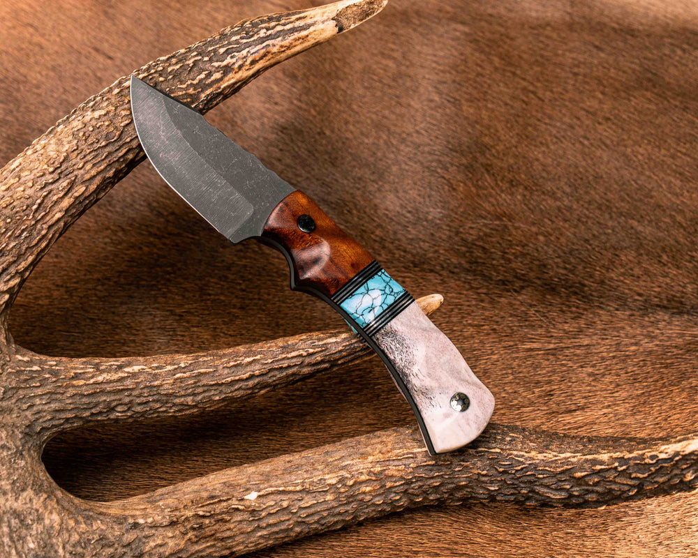 Beef Harpoon- Snakewood, Black G10 and Aluminum Pin Striping, Turquoise with Black Web Tru-stone Split, Elk Antler, Mosaic Pins, Textured Grip
