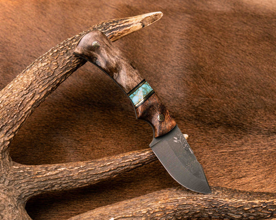 Beef Harpoon- Hawaiian Curly Koa, Black G10 and Brass Pin Striping, Turquoise with Gold Web Tru-stone Split, Weru, Mosaic Pins, Textured Grip