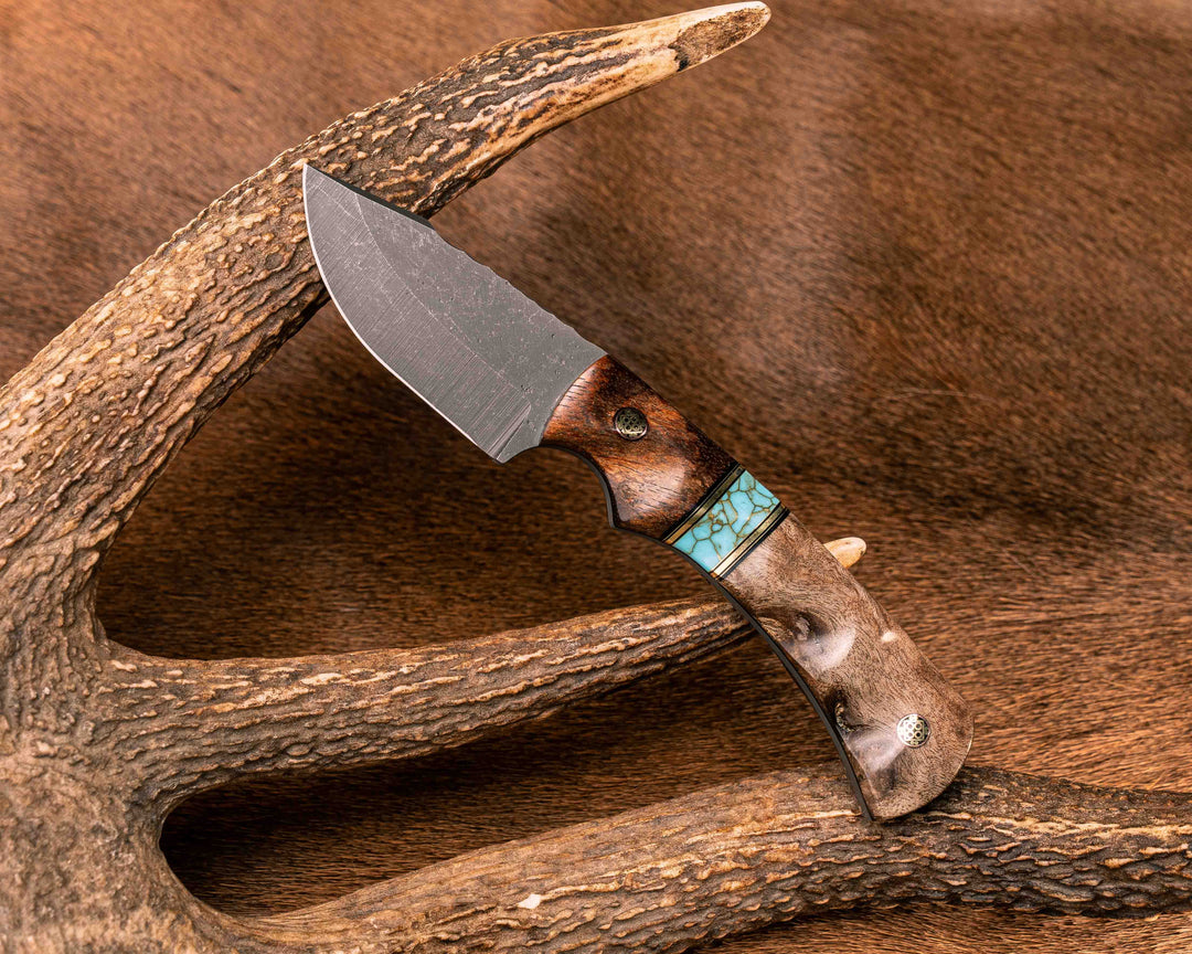 Beef Harpoon- Hawaiian Curly Koa, Black G10 and Brass Pin Striping, Turquoise with Gold Web Tru-stone Split, Weru, Mosaic Pins, Textured Grip