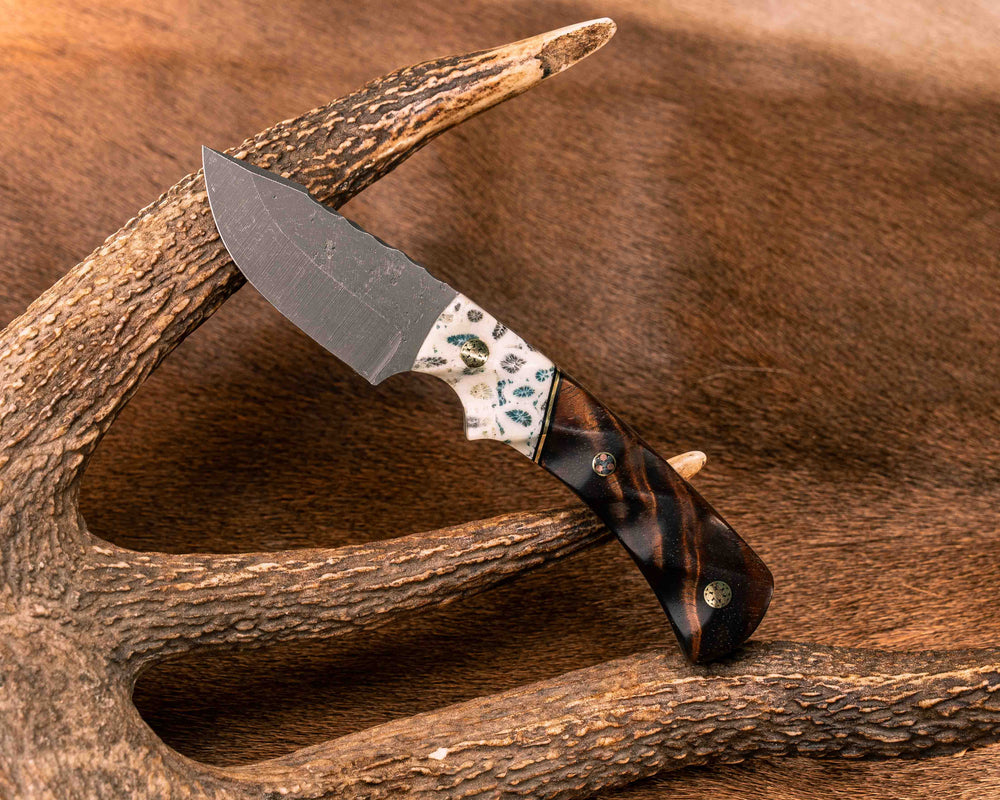 Beef Harpoon- Coral in White Resin, Black G10 and Brass Split, Hawaiian Curly Koa, Mosaic Pins, Textured Grip