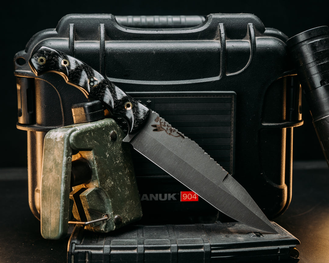 Ranch Knife Jr.- Carbon Fiber, Brass Hollow Pins, 3/8" Mosaic Glow Pin, Textured Grip, Old School Rock Worked Spine