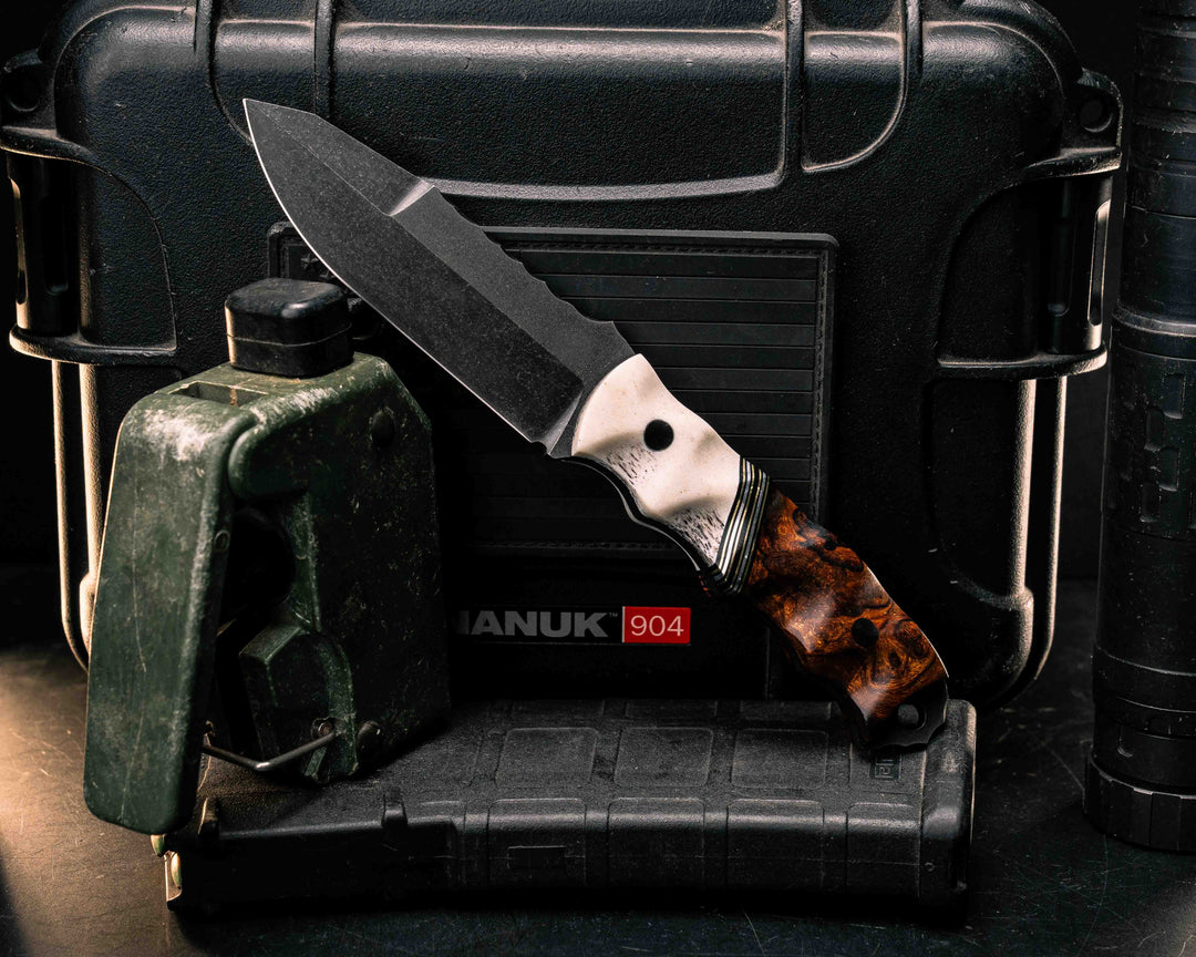 Disaster Jr Gen 3- Elk Antler, Black G10, Brass, and Aluminum Split, Desert Ironwood, CF Pins, Textured Grip