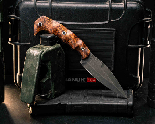 4" HUMINT- Amboyna Burl, Mosaic Pins, Aluminum Lanyard Pni, Textured Grip