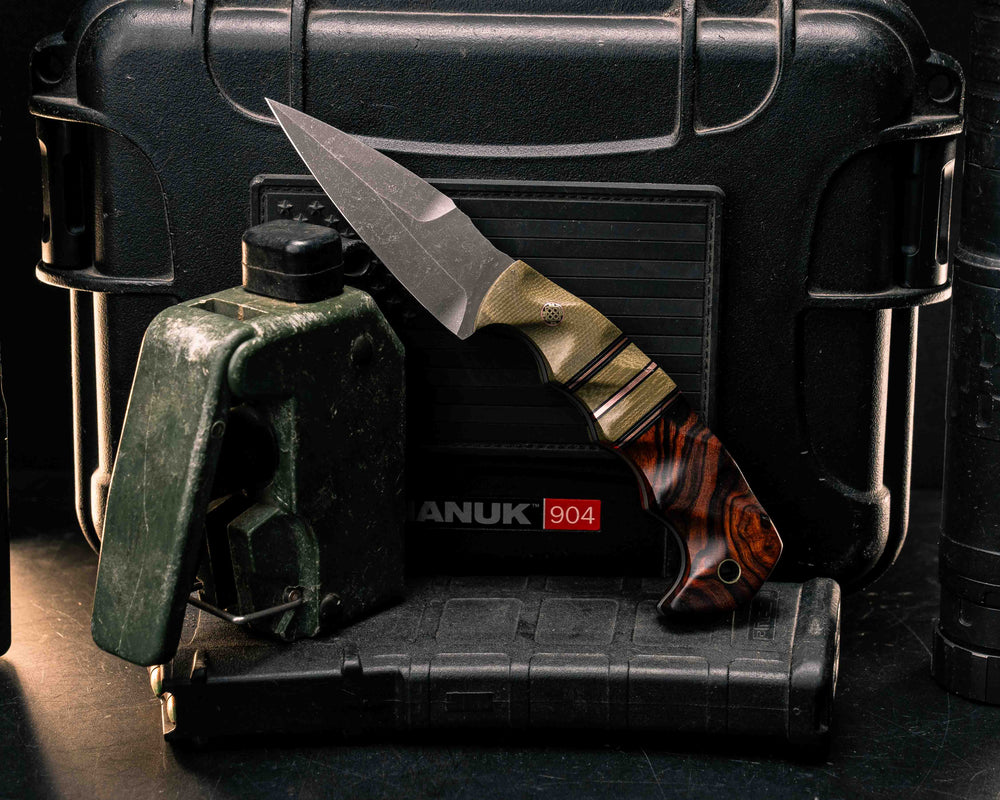 3" HUMINT- OD Green Canvas Micarta, Black G10, Aluminum and Copper Pin Striping, OD Green G10 Split, Desert Ironwood, Mosaic Pin, Brass Lanyard Pin, Textured Grip