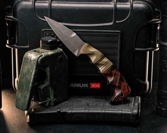 3" HUMINT- OD Green Canvas Micarta, Black G10, Aluminum and Copper Pin Striping, OD Green G10 Split, Desert Ironwood, Mosaic Pin, Brass Lanyard Pin, Textured Grip