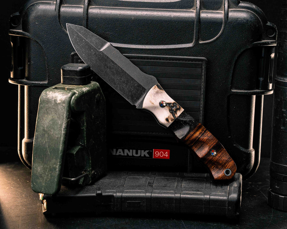 ?? (Split) Disaster Jr Gen 3- Elk Antler, ?? Dinosaur Bone Split, Desert Ironwood, Patriot Mosaic Pins, Aluminum Lanyard Pin, Textured Grip