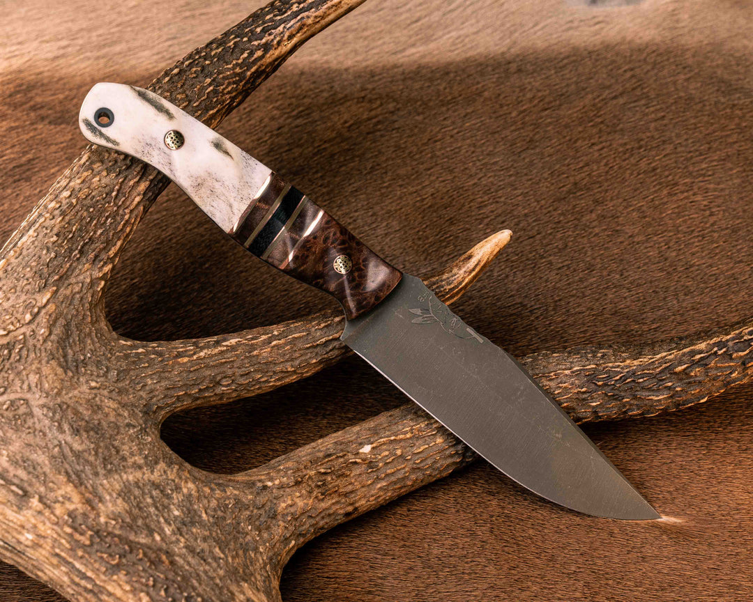 Crow Scout- Redwood Burl, Copper and OD Green G10 Pin Striping, Redwood Burl and Black Canvas Micarta Split, Elk Antler, Mosaic Pins, CF Lanyard Pin, Textured Grip