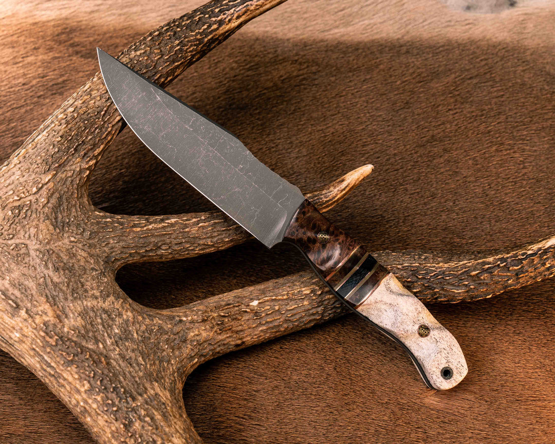 Crow Scout- Redwood Burl, Copper and OD Green G10 Pin Striping, Redwood Burl and Black Canvas Micarta Split, Elk Antler, Mosaic Pins, CF Lanyard Pin, Textured Grip
