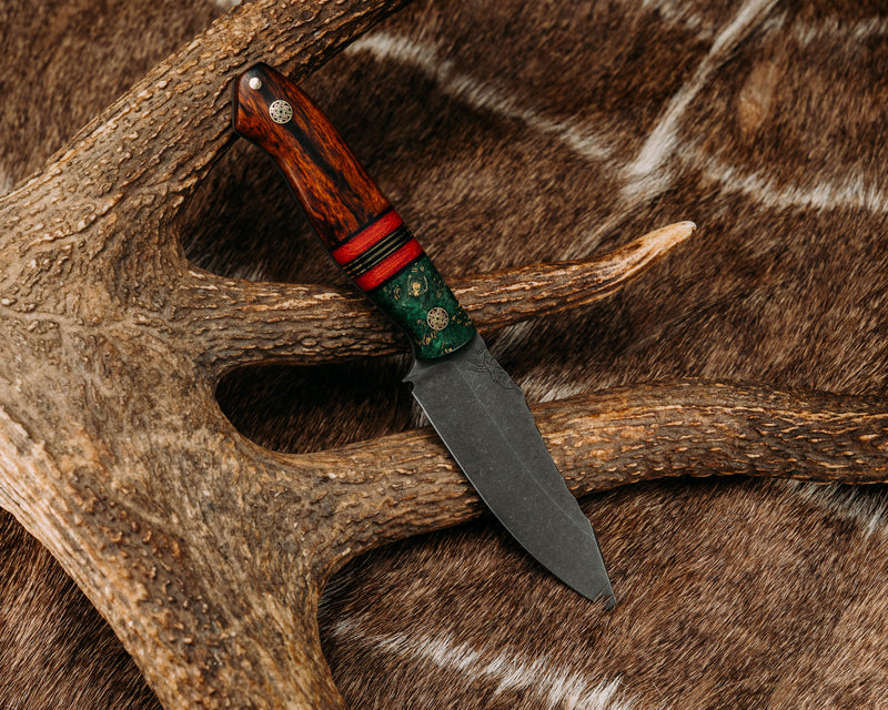 Field Knife Jr- Dyed Box Elder, Black G10, Fire Canvas Micarta and Brass Split, Desert Ironwood, Mosaic Pins, 1/8" Brass Pin, Smooth Grip