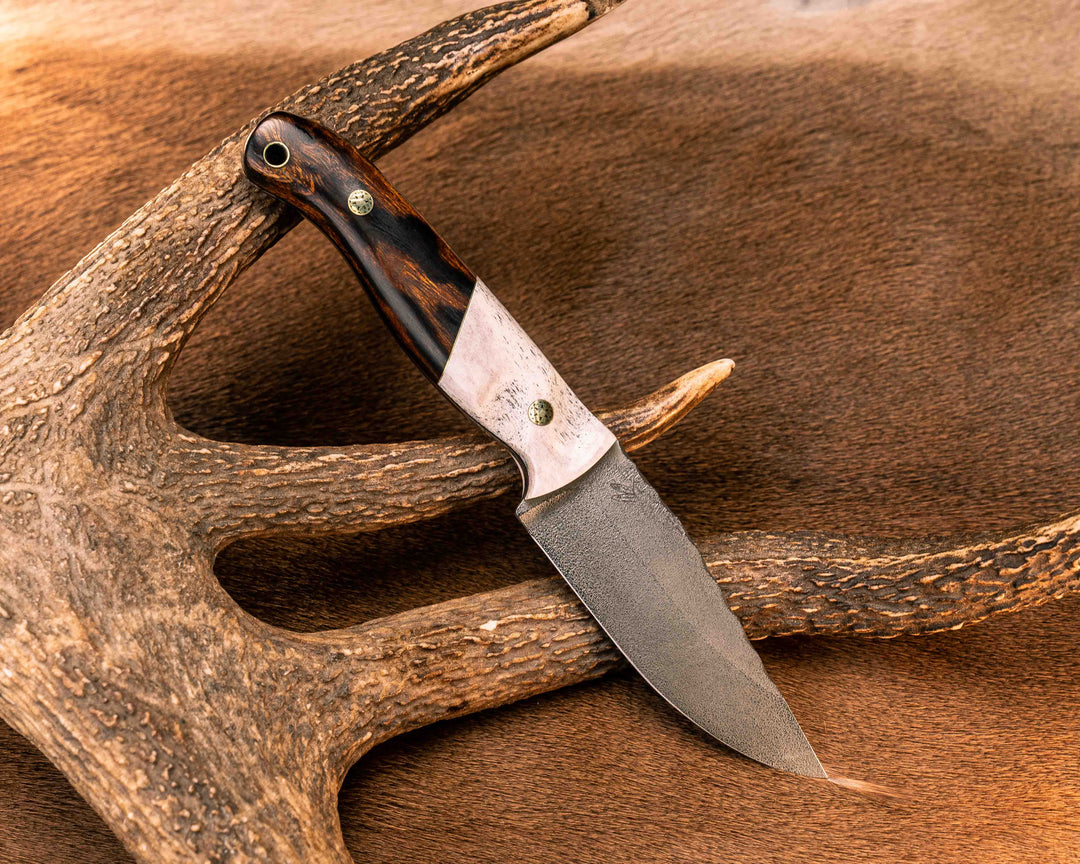 Crow Jr- Elk antler, Brass Split, Desert Ironwood, Mosaic Pins, Brass Lanyard Pin, Textured Grip