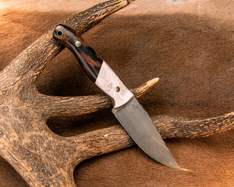 Crow Jr- Elk antler, Brass Split, Desert Ironwood, Mosaic Pins, Brass Lanyard Pin, Textured Grip