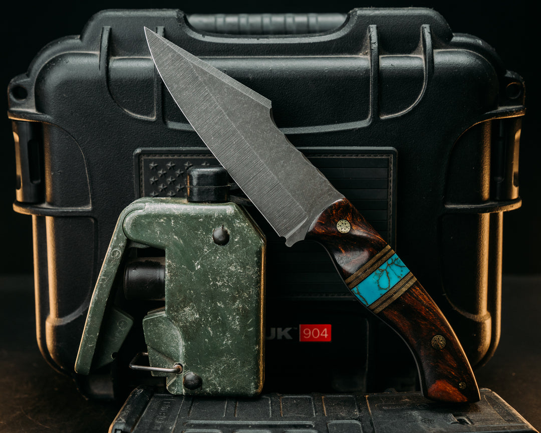 Widow Maker - Desert Ironwood, Black G10 & BrassPin Striping, OD Green Canvas Micarta & Turquoise w/ Gold Web TruStone Splits, Mosaic Pins, Textured Grip.