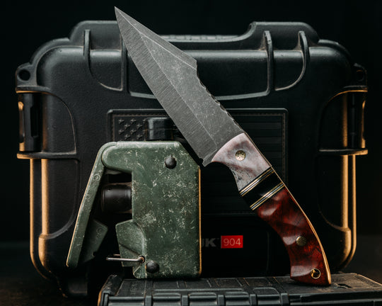 Widow Maker - Afzelia burl, Elk Antler, Brass & Aluminum Pin Striping, Black G10 Split, ???? Wood, Mosaic Pins, Brass Lanyard, Textured Grip.