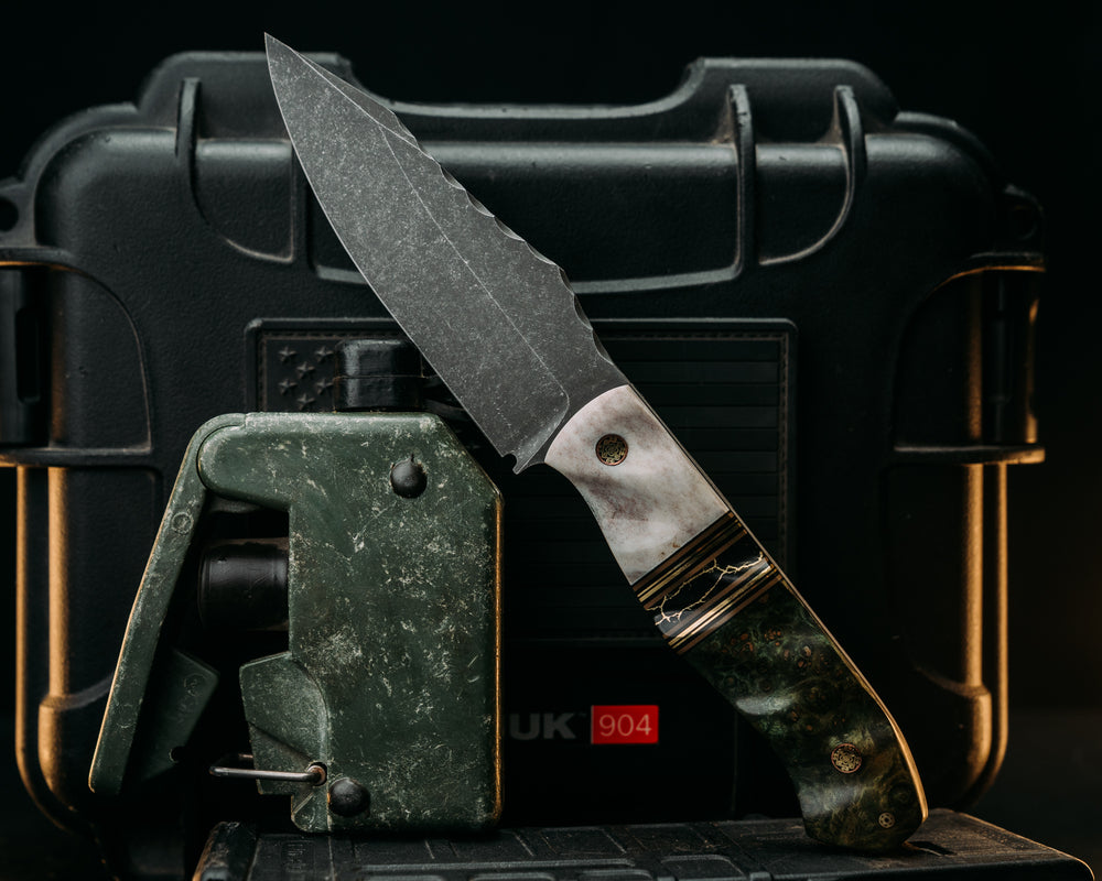 Field Knife - Elk Antler, Black & Coyote G10 w/ Brass Pin Striping, Black w/ Gold Web Tru Stone, Dyed Black Ash, Mosaic Pins, Textured Grip.